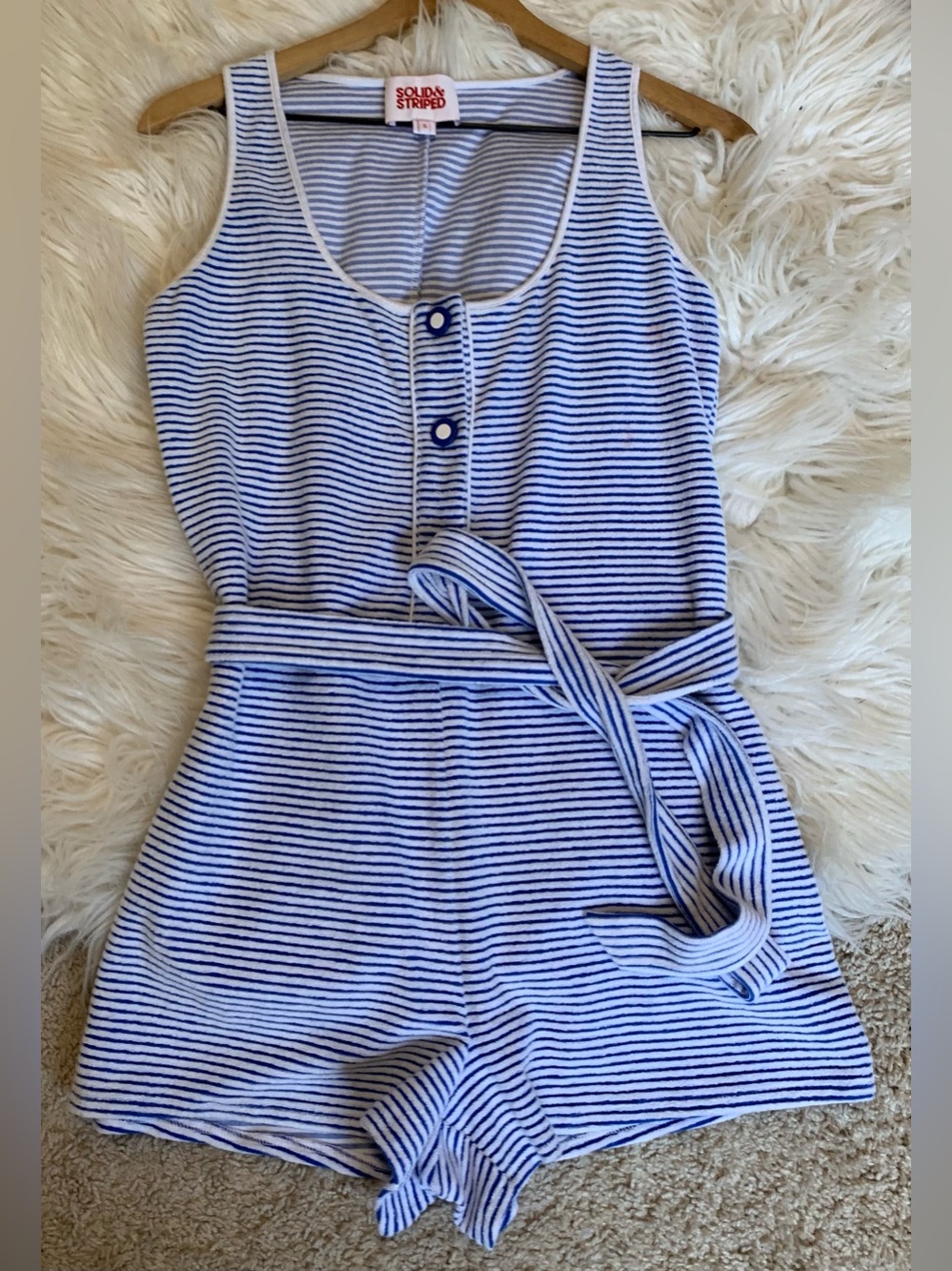 SOLID & STRIPED The Poppy Romper In Lapis Stripe Blue White Size Small
